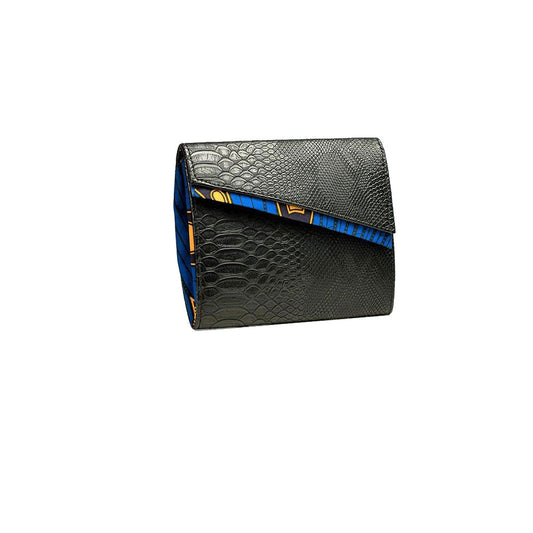 The Chantel - Black Faux Leather/African Print Clutch Bag