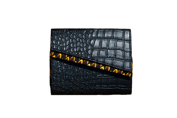 The Chantel - Black Faux Leather/African Print Clutch Bag