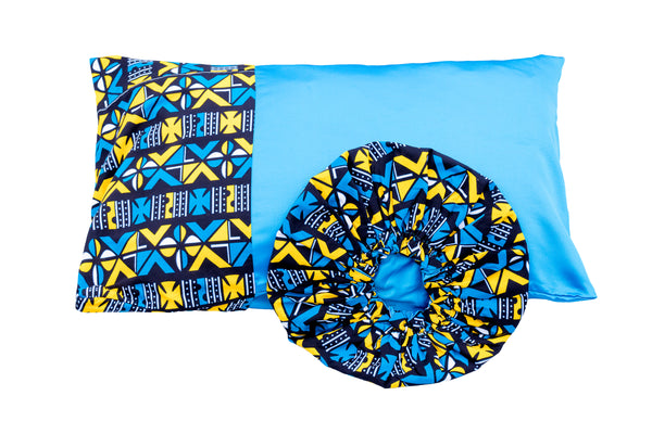 African Print Blue/Tribal Pillow Case and Hair Bonnet Set