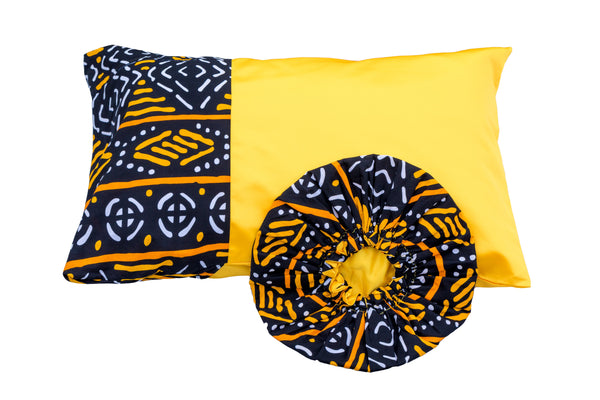 African Print Beige/Tribal Pillow Case and Hair Bonnet Set