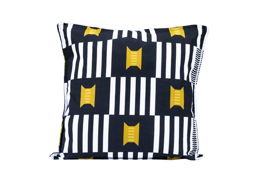 African Print Black White Stripe Squares Cushion Cover