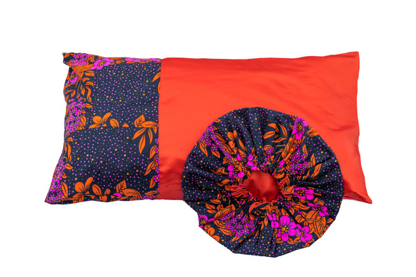 African Print Red/Floral Pillow Case and Hair Bonnet Set